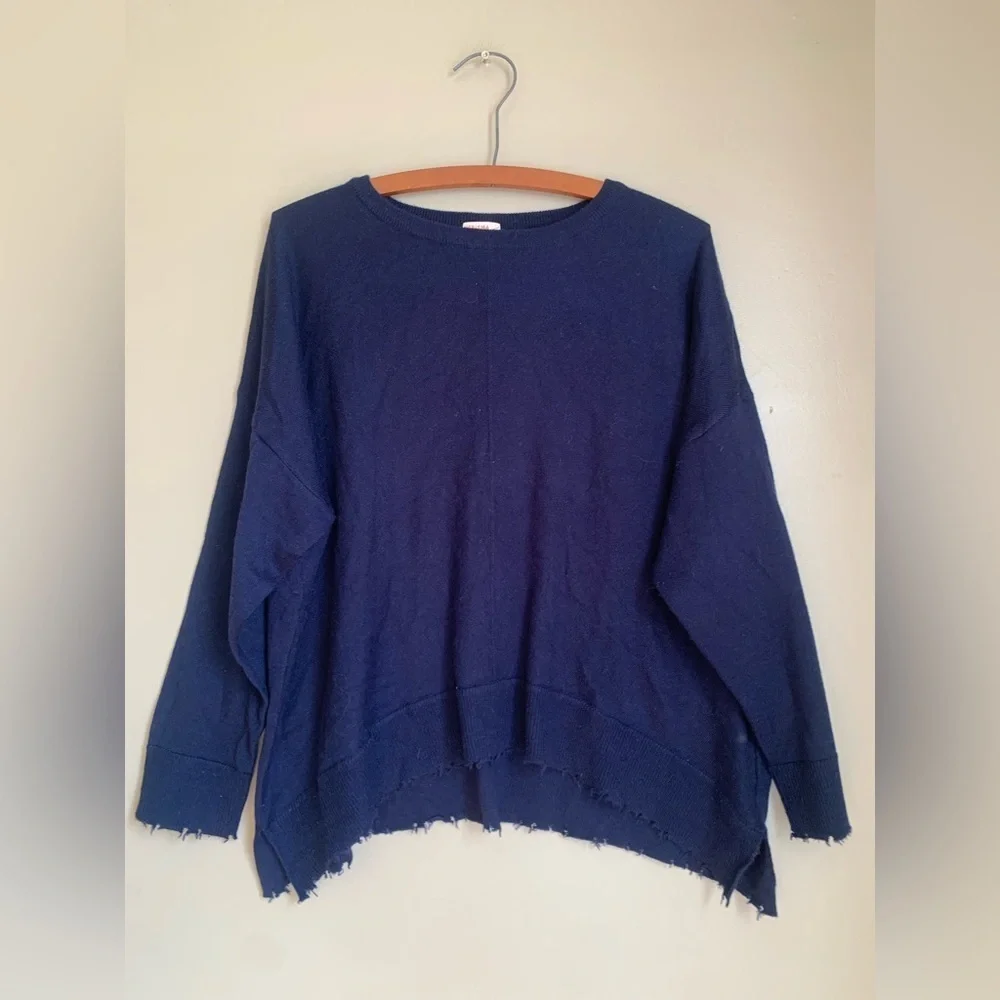 Kerisma wool blend sweater navy blue thin soft distressed edges capsule basic